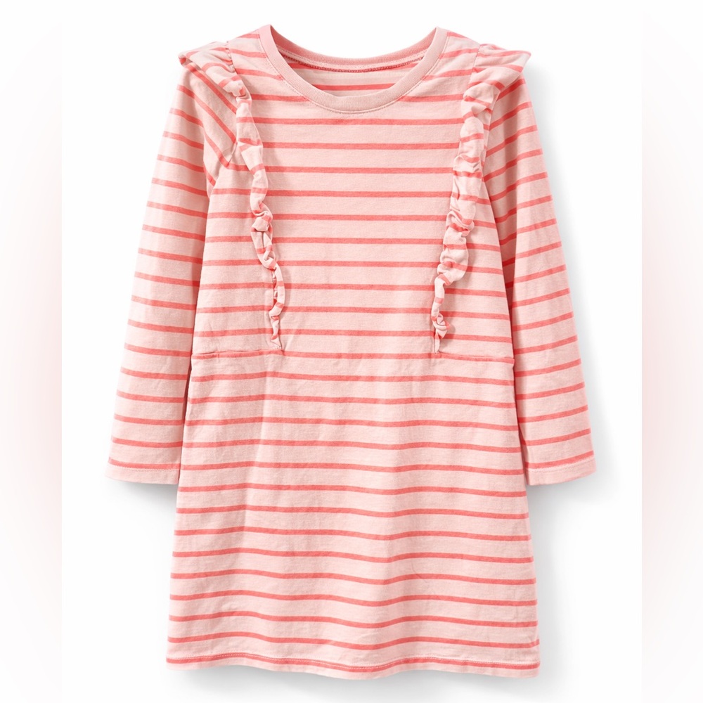 Tea Collection Girls Ruffle Dress Size 8 Pink Coral Stripe Long Sleeve Cotton - Picture 1 of 3